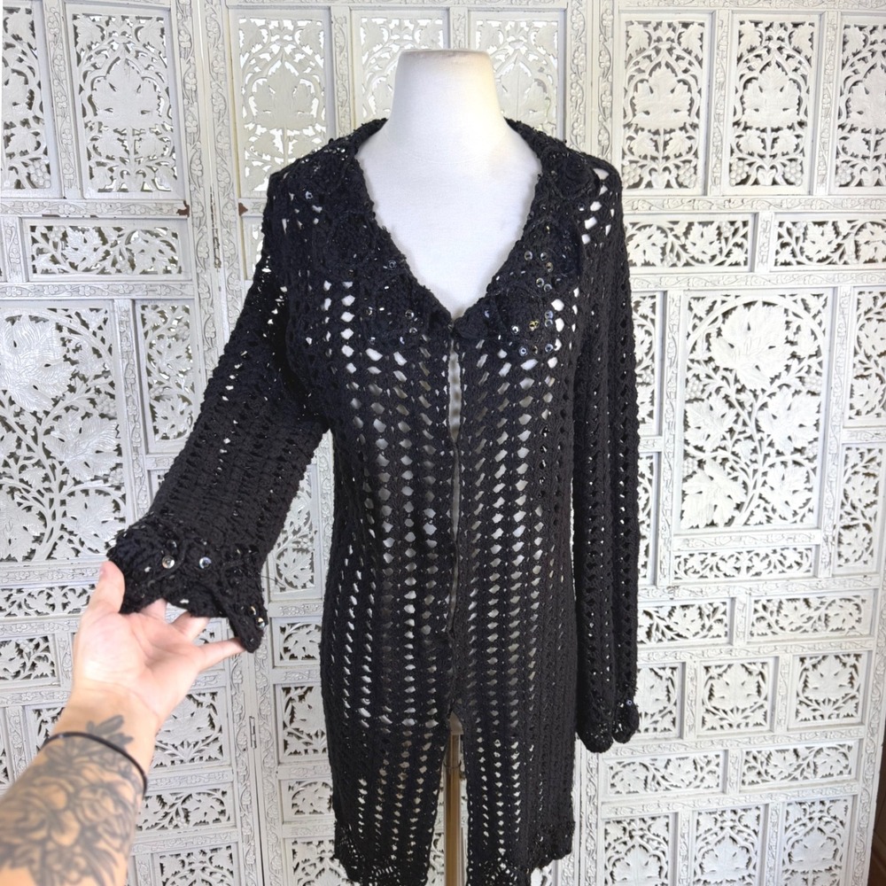 Vtg Y2K Black Crochet Fairy Whimsygoth Cardigan Womens Small Sequin Boho Grunge